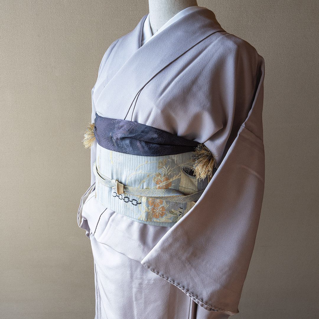着物 藤色 シルク 色無地 合わせ