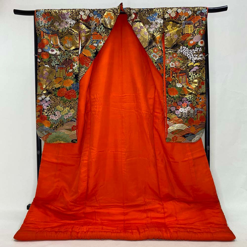 色打掛 正絹 鶴 刺繍 黒 金 打掛 Lサイズ 裄68 花嫁衣裳 婚礼  