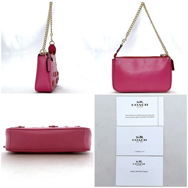 バッグ Coach Leather Pink Accessory Pouch Bag Coach Pink PVC Leather Accessory Pouch with Studs and Floral