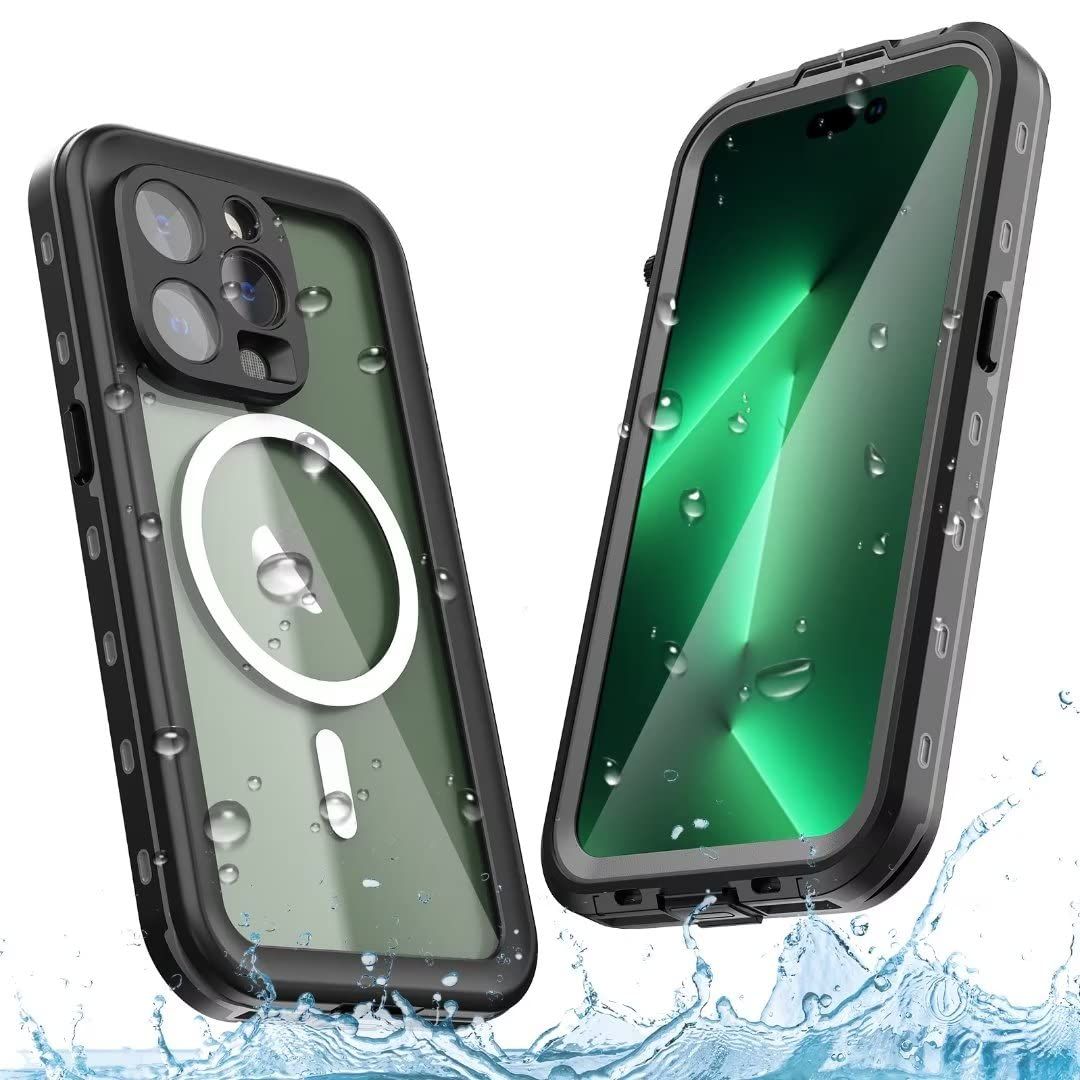 iPhone 14 Pro ケース 完全防水 ストラップ付き 全面カバー iPhone14 プロ 防水ケース カバー クリア 透明 頑丈 耐衝撃 フェイスID認証 Qi充電対応 液晶画面保護フィルム アウトドア (iPhone14 Pro 黒)