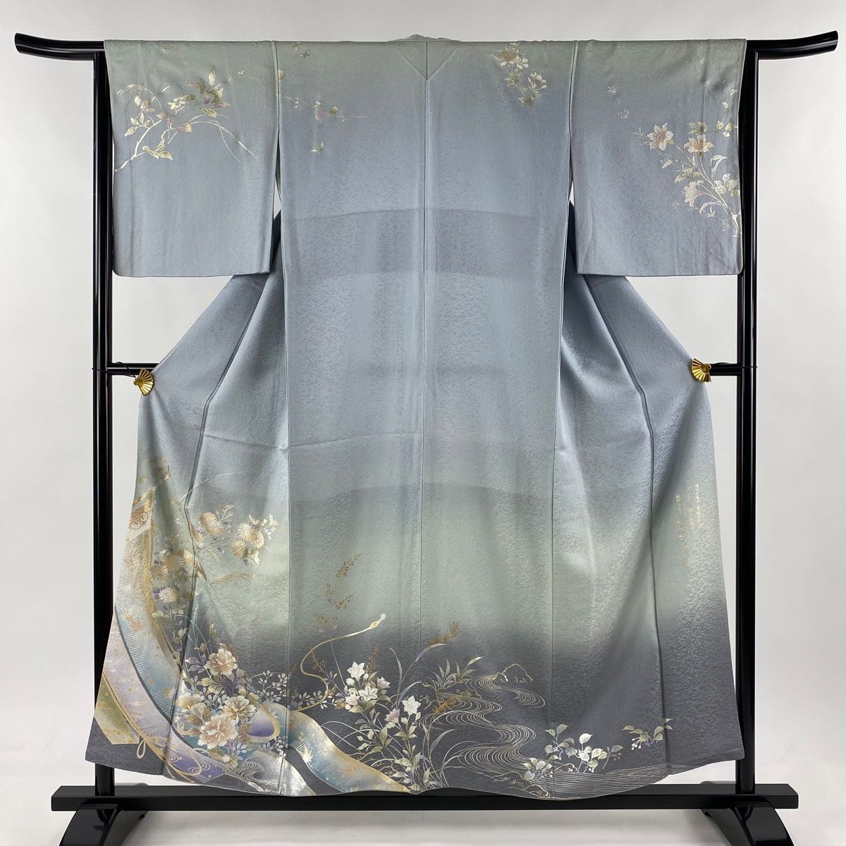 訪問着 身丈155.5cm 裄丈64.5cm M 袷 和田光正 落款 几帳 草花 金銀彩 ラメ 青灰色 正絹