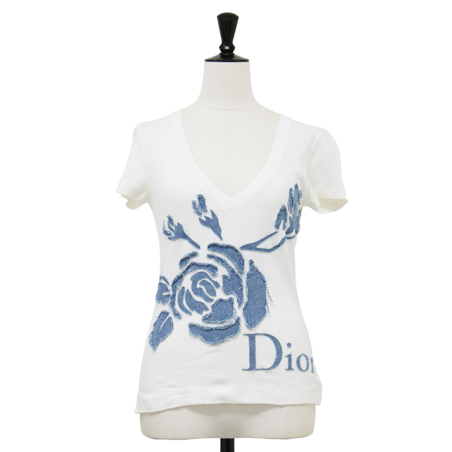 Christian Dior クリスチャンディオール Tシャツ ホワイト ブルー サイズ 36 S | フラワー 刺繍 デニム 半袖 Tシャツ | カットソー | Vネック コンパクト コットン | トップス フランス製 レディース