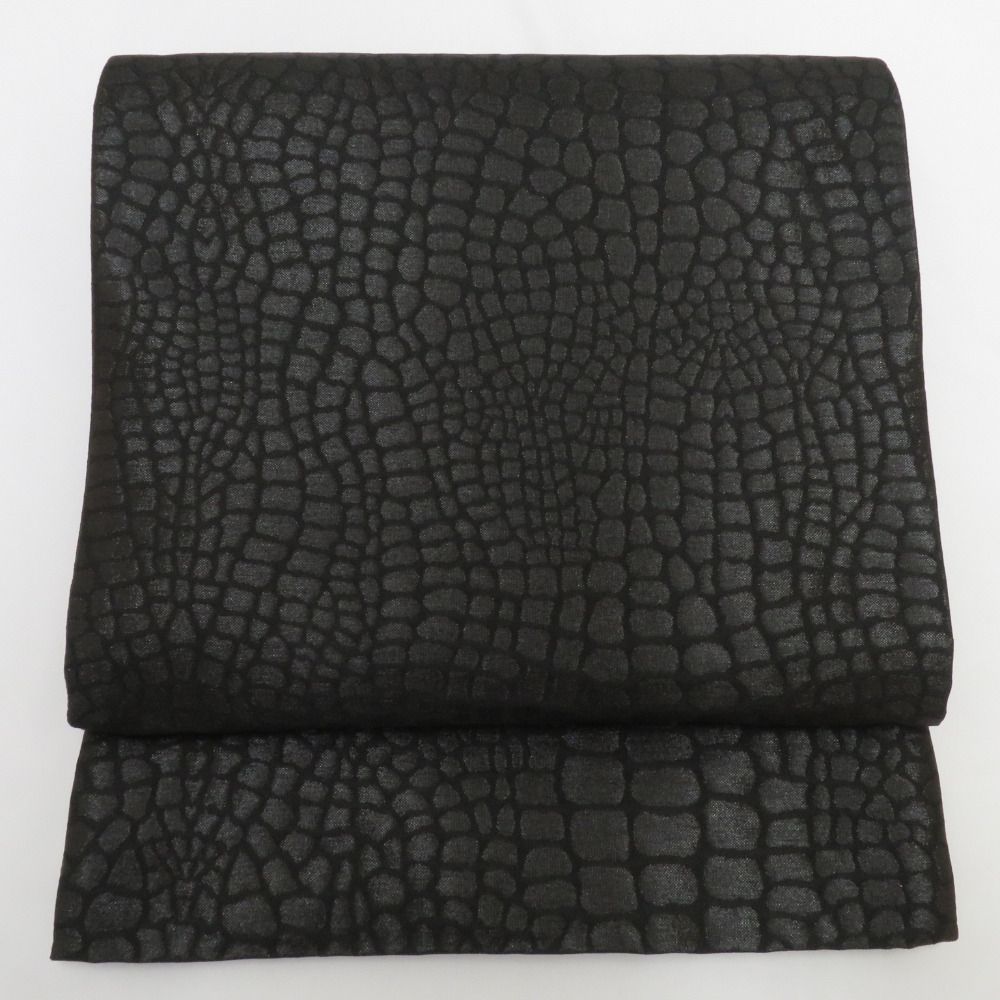 袋帯 振袖用 レザー型押し調 黒色 全通柄 ポリエステル フォーマル