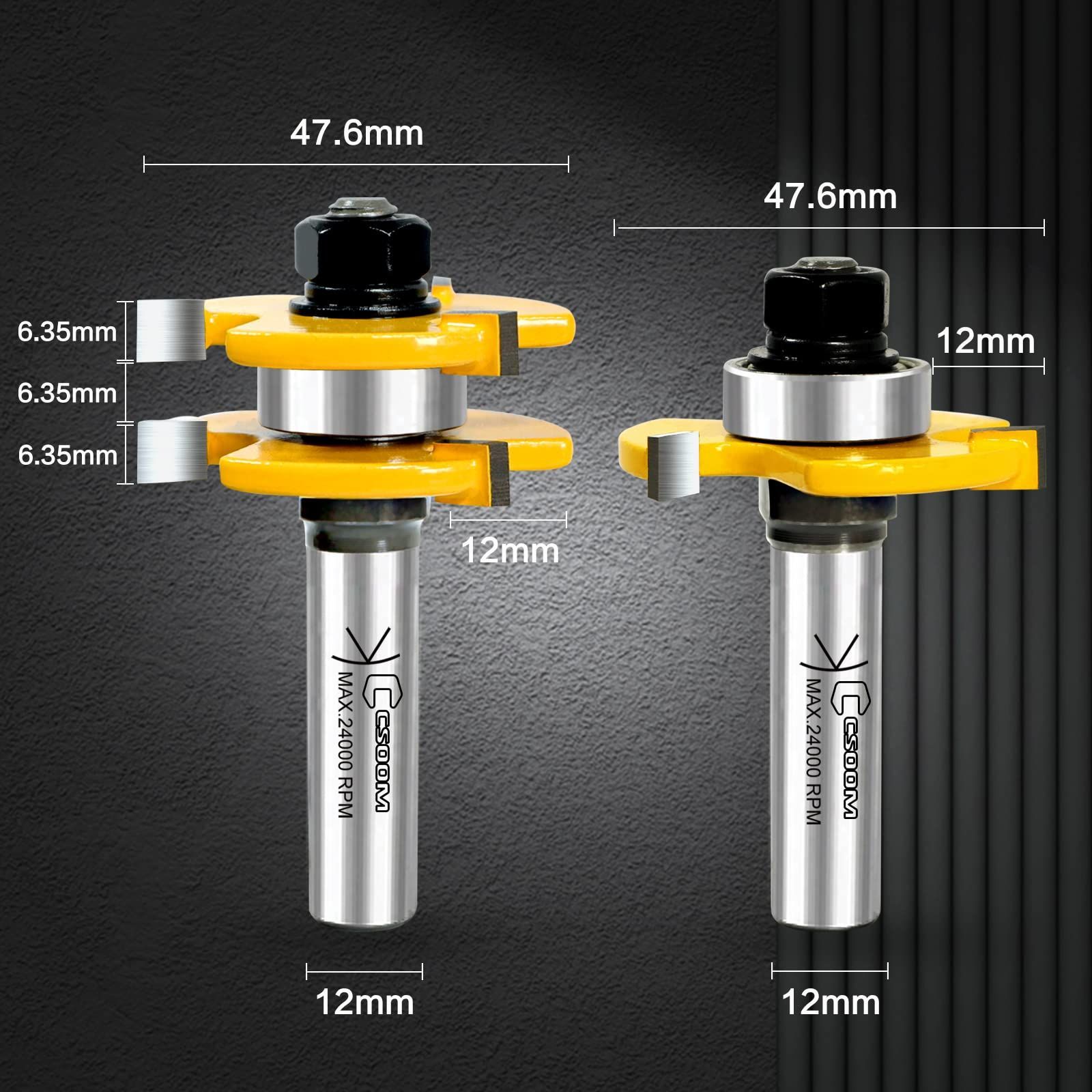 セールT型ほぞカッター12mm CSOOM T型ほぞカッター 軸径12mm 2本入 工業用ルータービット 超硬ルーター 3歯切断ほぞカッター ベアリング 木工フライスカッター切