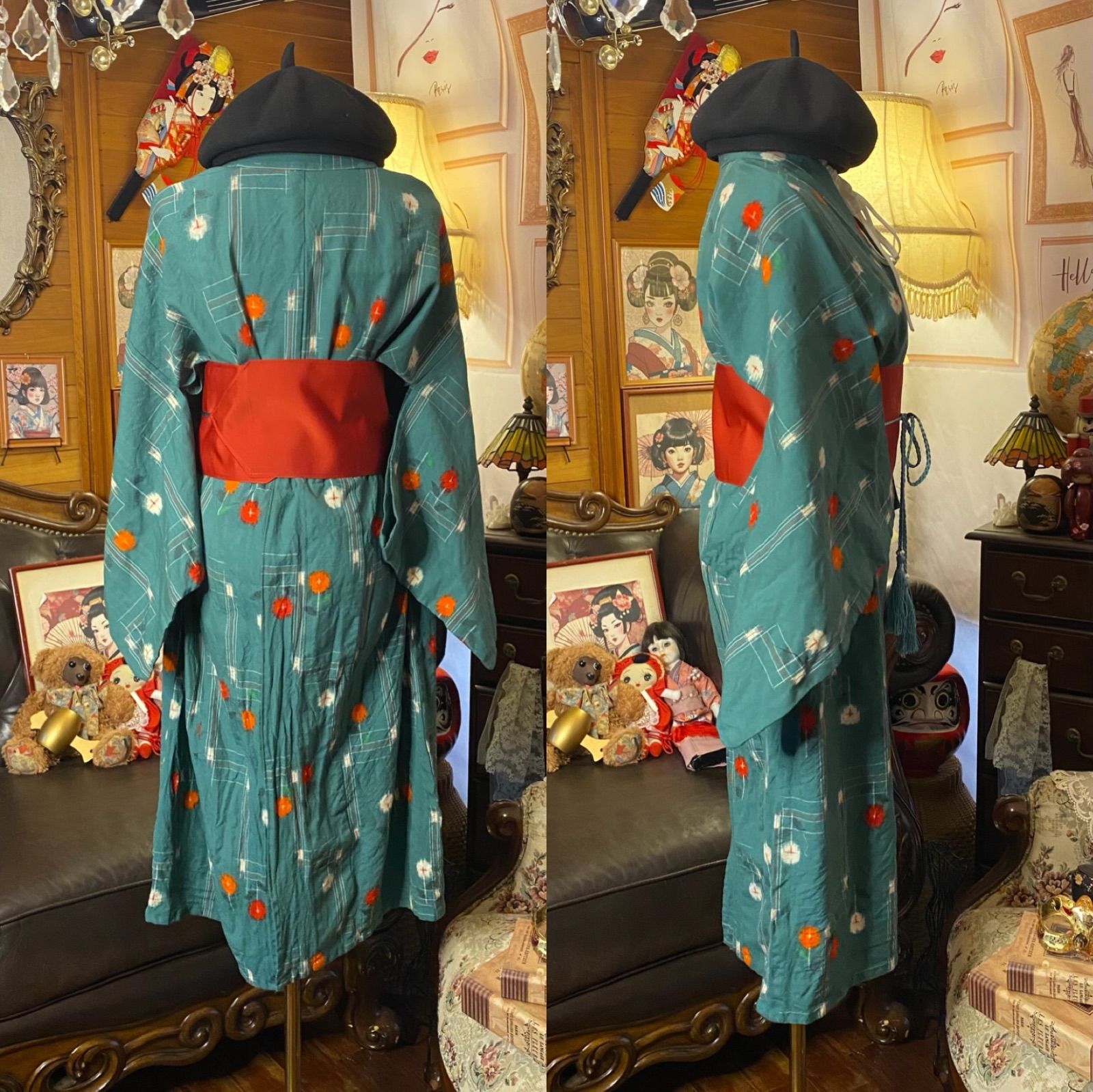 錆浅葱×ドット花と直線モダン