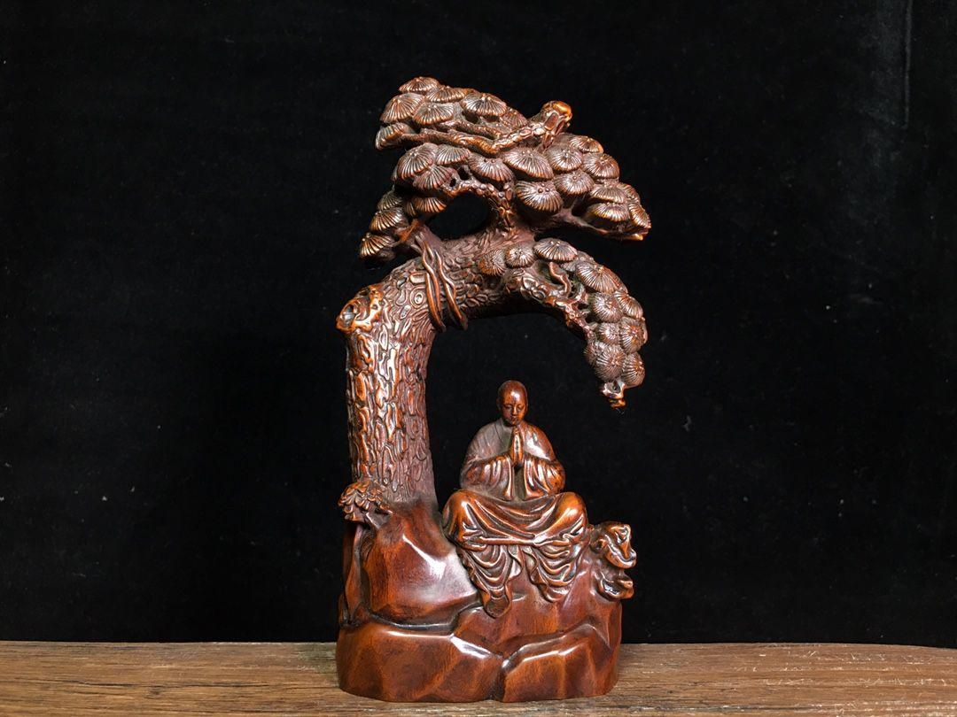 木彫 彫刻松下達磨祖師の置物 中国美術 装飾品 工芸品 美術品