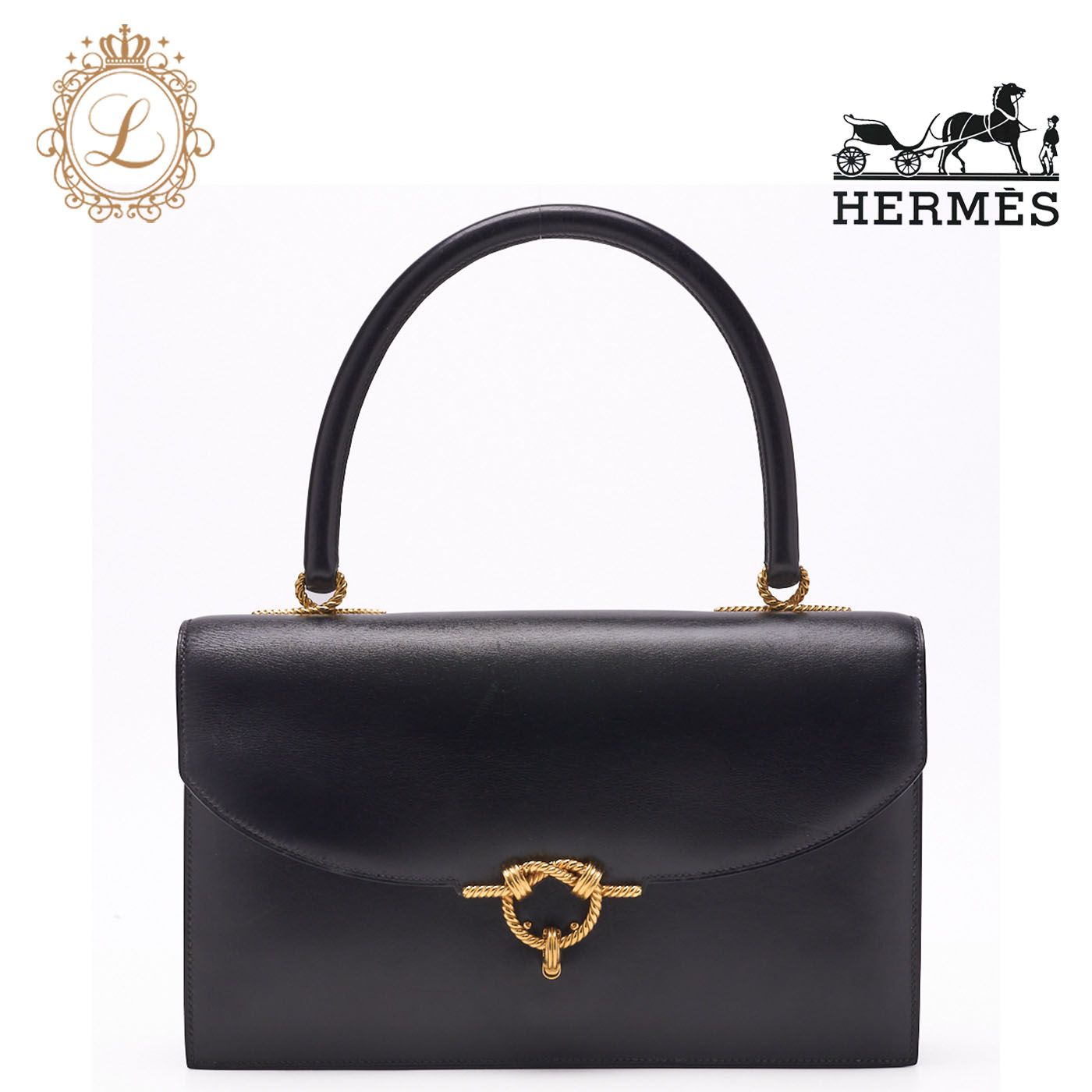 HERMES エルメス コルドリエール ハンドバッグ ボックスカーフ 黒（ゴールド金具） ハンドバッグ レディースハンドバッグ レディースバック【中古】【送料無料】