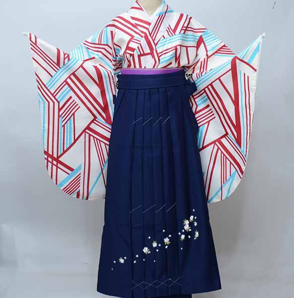 二尺袖 着物 袴フルセット ジュニア用へ直し 135cm〜150cm 小紋 白色 袴変更可能 卒業式 NO41385-02