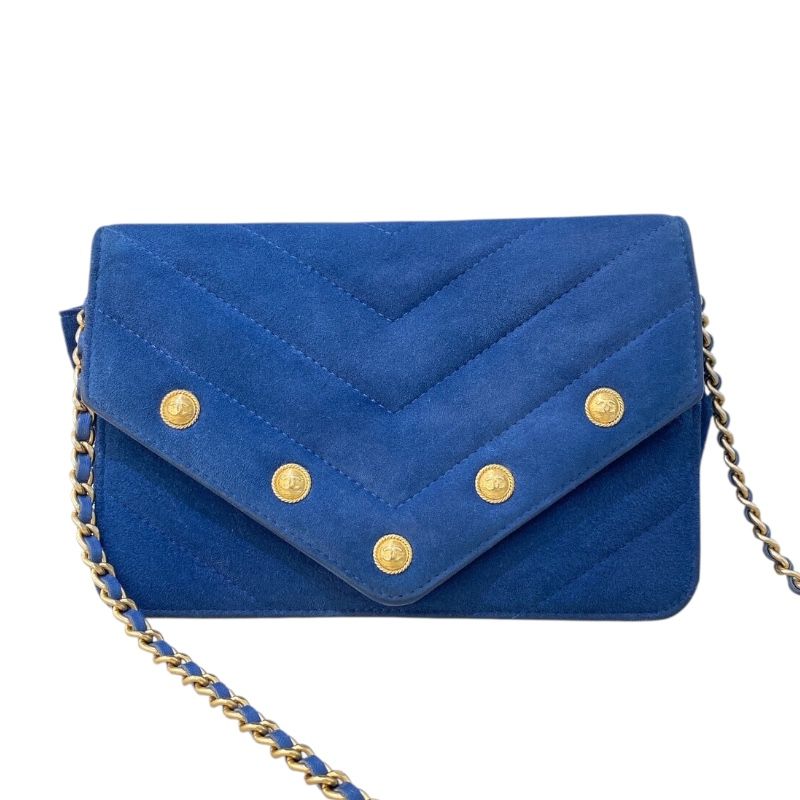 シャネル CHANEL シェブロンVステッチチェーンウォレット ブルー|ゴールド金具 スエード レディース ウォレットチェーン