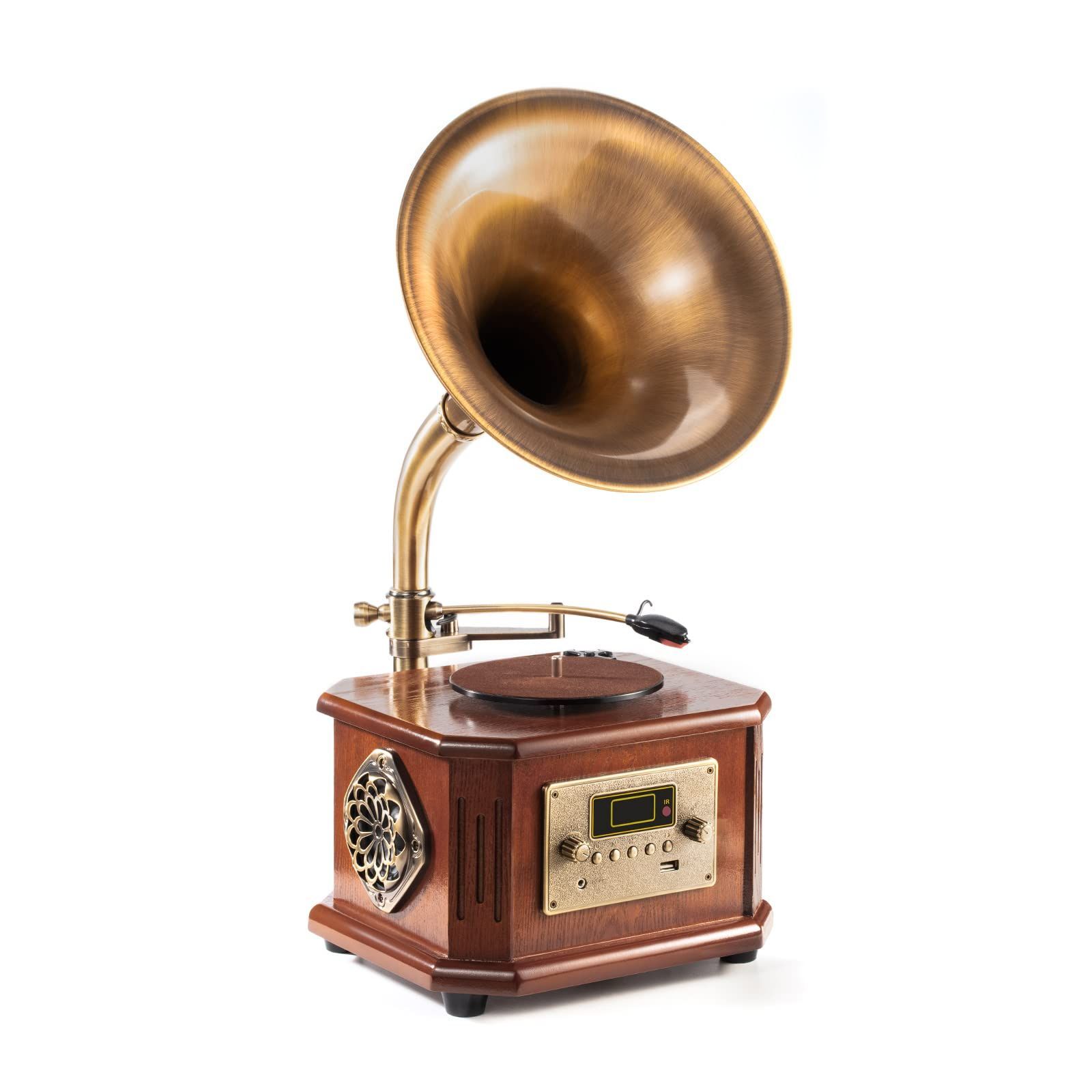 商品HOFEINZ 天然木材 蓄音機 純銅ホーン 工芸品 マルチレコードプレーヤー|Bluetooth4.2 |USB|FM ラジオ brown