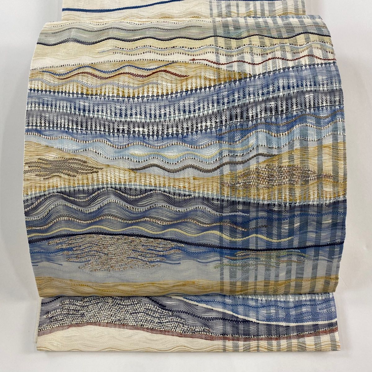 袋帯 秀品 幾何学模様 クリーム 六通 正絹