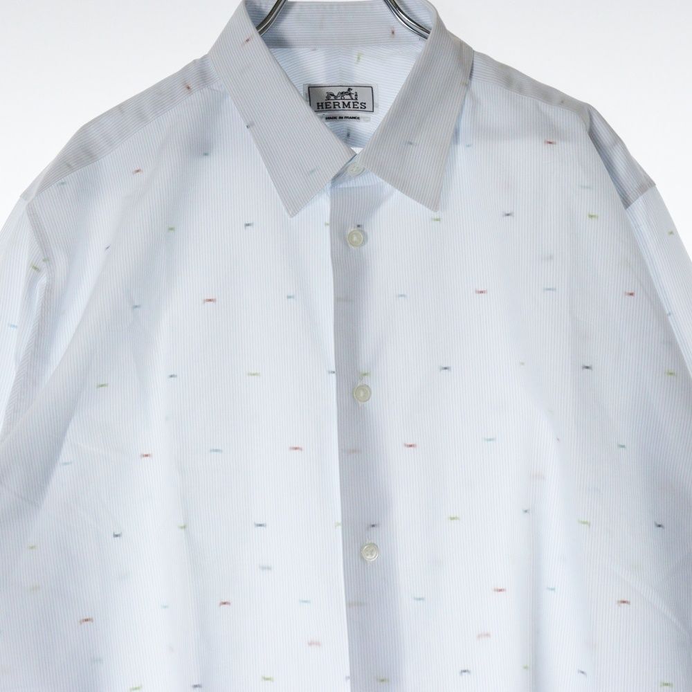 美品☆エルメス　長袖 シャツ　シェーヌダンクル柄　総柄 セリエボタン　ロゴ39白 美品☆エルメス 長袖 シャツ シェーヌダンクル柄 総柄 セリエ