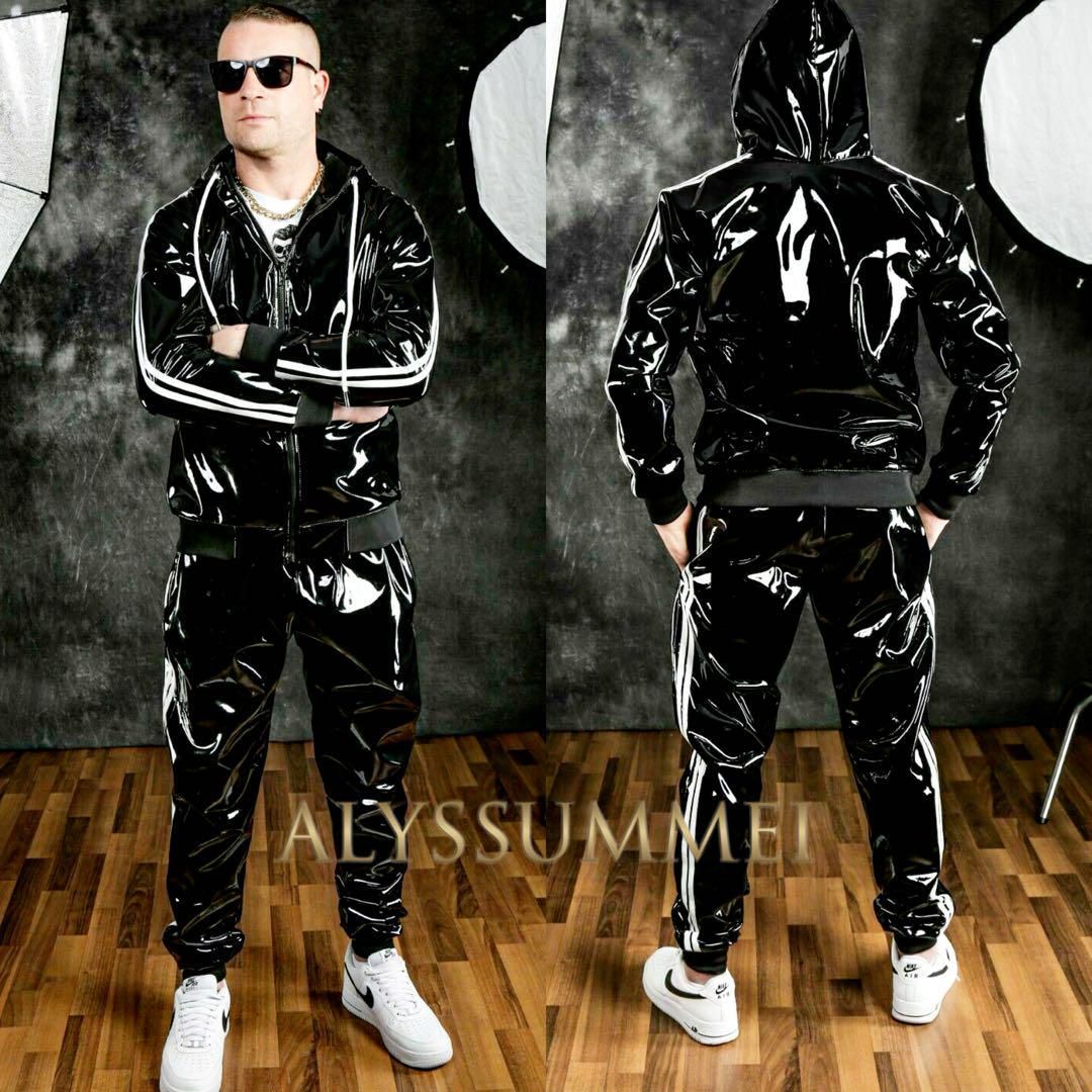 ウィンドブレーカー 2XLジャージ上下セットアップサウナスーツエナメルダイエット 超光沢エナメルウインドブレーカーサウナースーツ上下2点