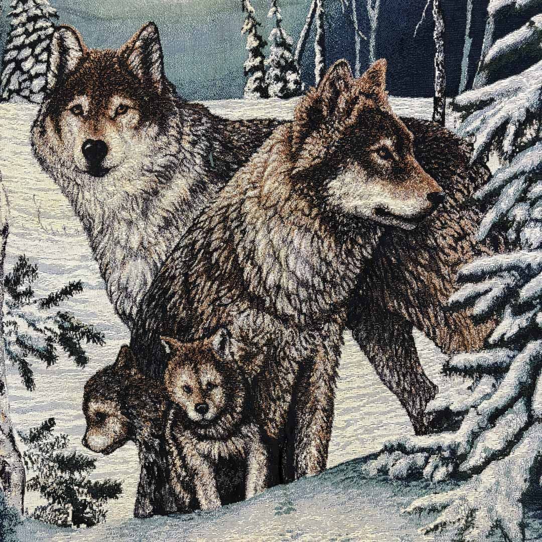 ビンテージラグマット　狼オオカミ　アニマル柄 フォレスト　雪山　アメリカ古着 VINTAGE - vintageラグ カーペット オオカミ 月 アニマル 1804の