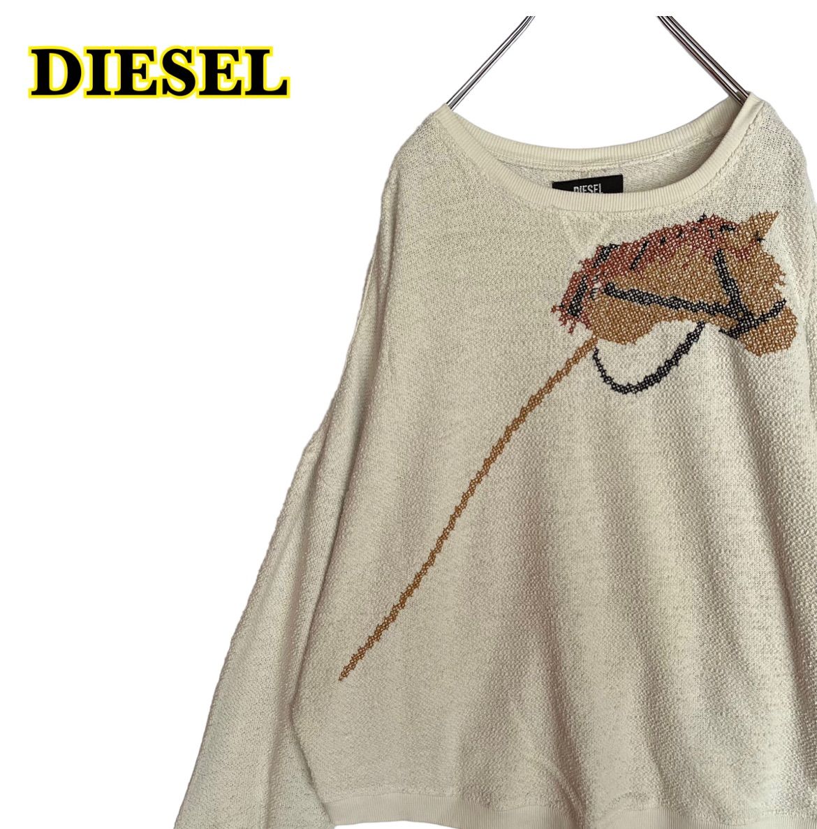 DIESEL ディーゼル　長袖トップス　白　コットン　馬　刺繍　ドルマン袖　メンズ　XSサイズ