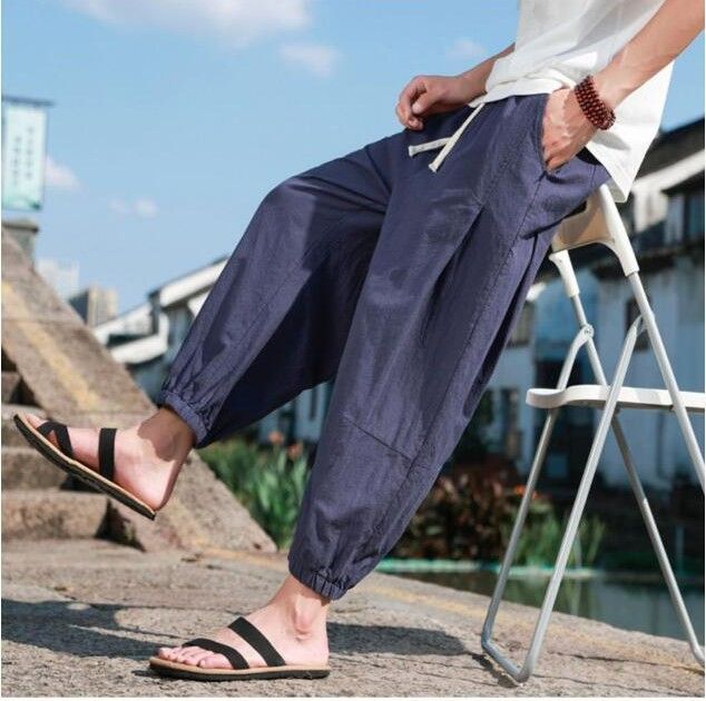 サルエルパンツ ワイドパンツ メンズ 無地 綿麻風 カジュアル