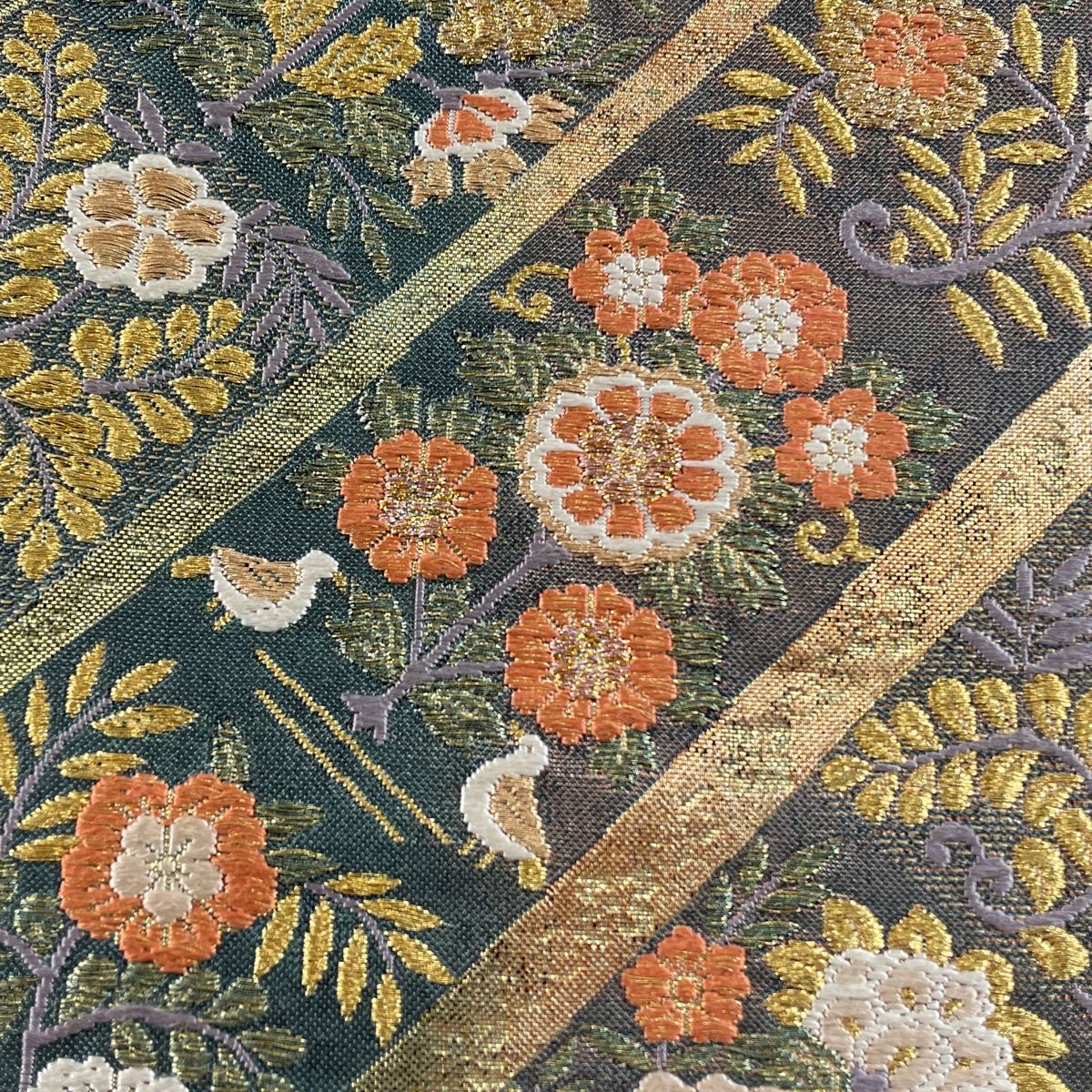 袋帯 秀品 草花 向かい鳥 唐織 金銀糸 金色 六通 正絹 【中古