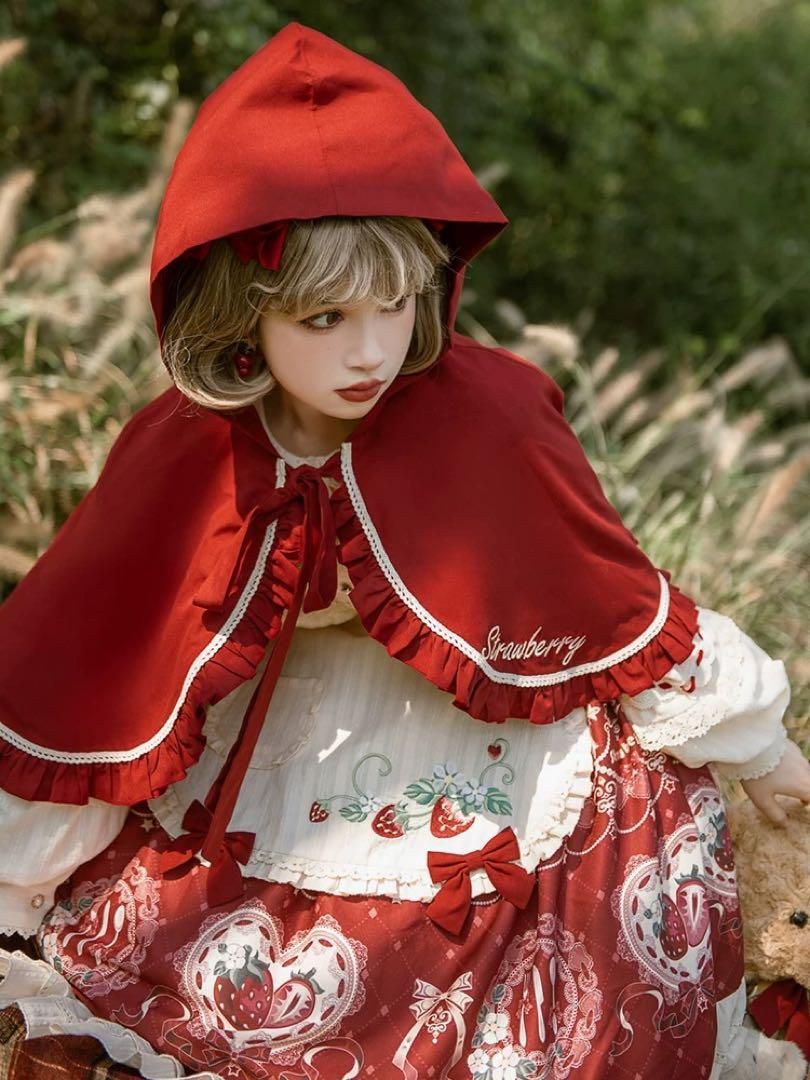 ロリータワンピース♪いちご柄ひざ丈ワンピ-ケープセット 春におススメ
