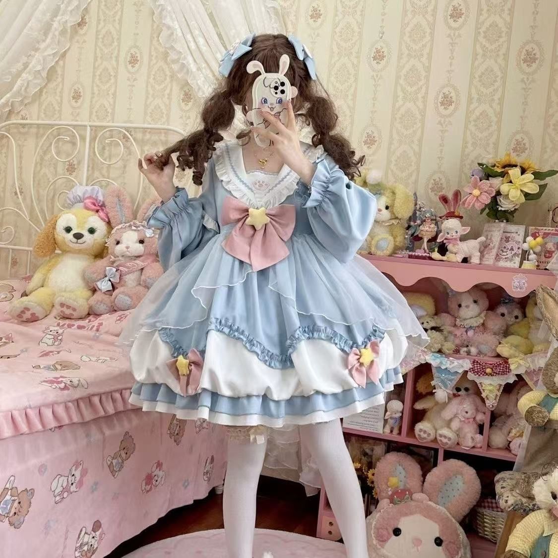 小祈星 | オリジナルLolita | かわいい少女系 | セーラー バルーンスリーブ | レトロプリンセスOPロングドレス | 6つのリボン トレー