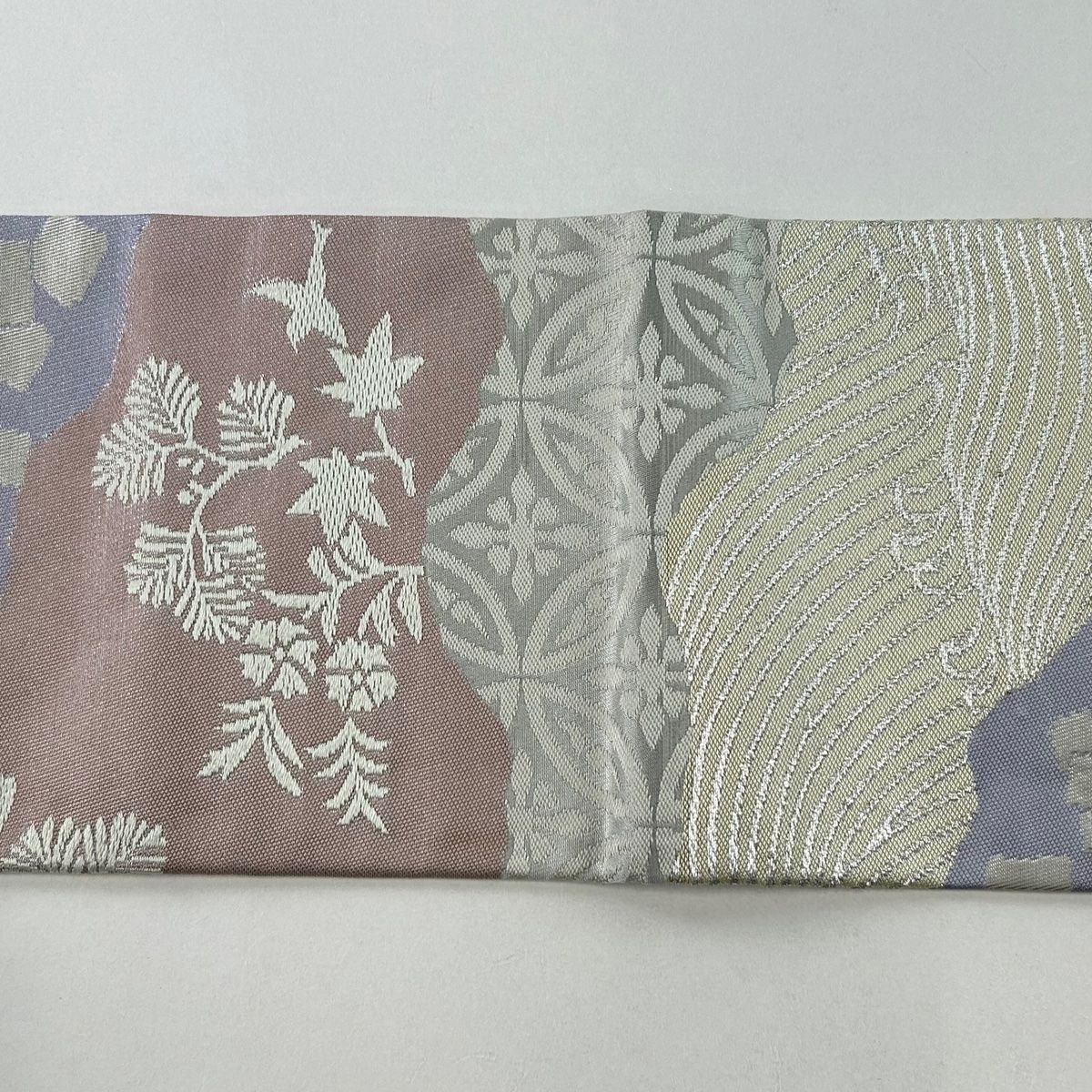 名古屋帯 美品 秀品 川島織物 落款あり 幾何学 灰緑 正絹 中古 袋帯 美品 名品 草花 立涌 灰緑 全通 正絹 中古 袋帯 美品