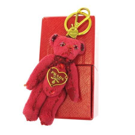 【中古】 プラダ PRADA バッグチャーム キーホルダー クマ ピンク レッド フェイクファー メタル プラスチック 保存箱付き 04BE991