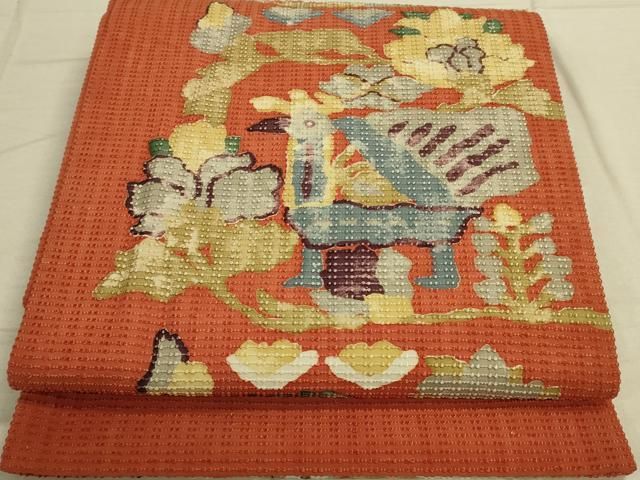 平和屋着物◎九寸開き名古屋帯 紬地 花鳥文 正絹 逸品 DAAO9929rt