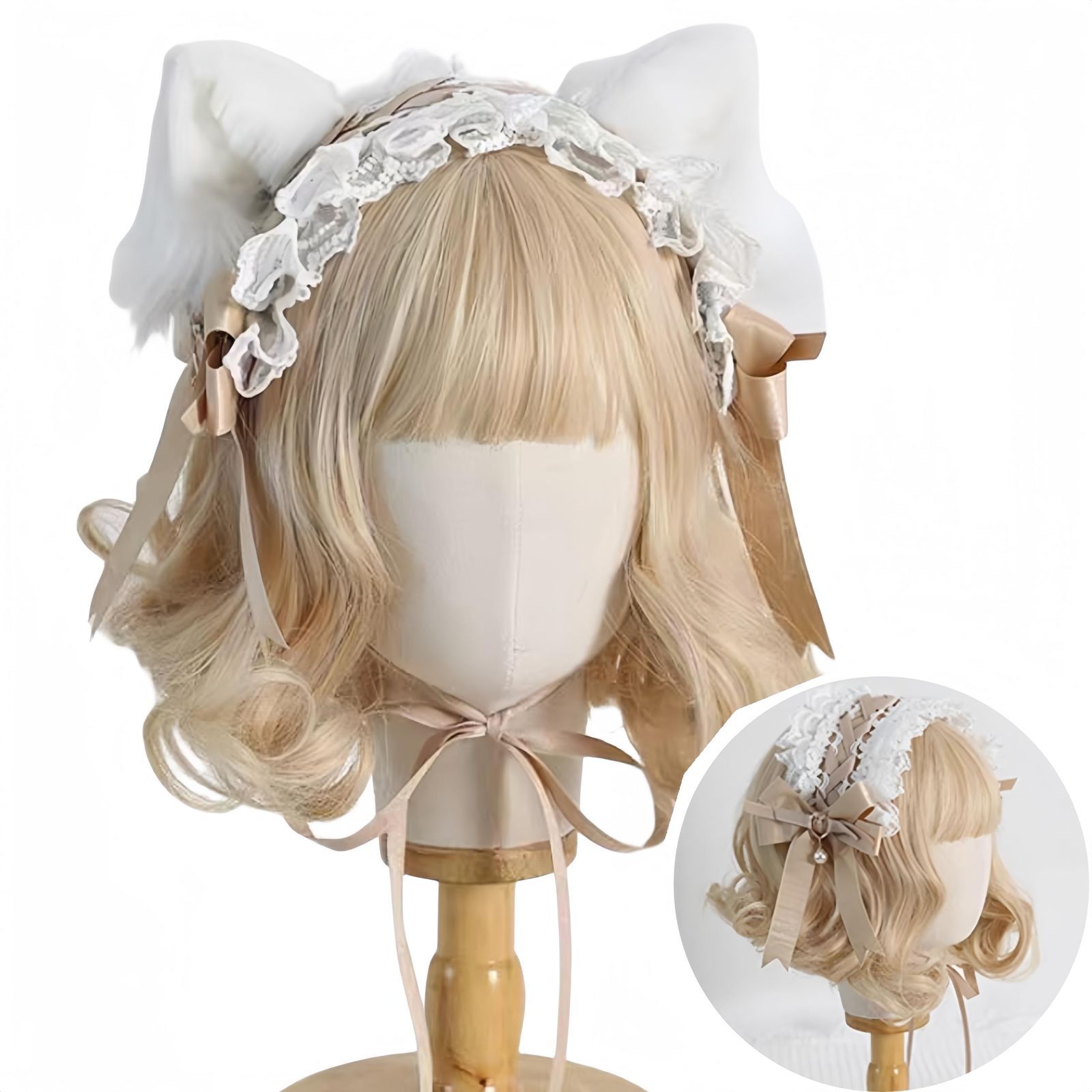 [Ligwon] ヘッドドレス 猫耳 ネコ耳 カチューシャ ロリータ リボン ヘアアクセサリー 髪飾り 蝶結び レース ねこ耳 ゴスロリ メイド 森ガール ヘッドアクセサリー かわいい ハロウィン パーティー イベント 学園祭 文化祭 お茶会 (ベージュ＋白い