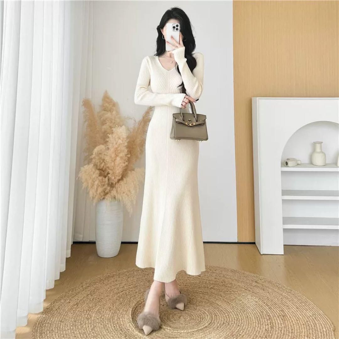 Vネックニットワンピース春のスリムフィットフィッシュテール