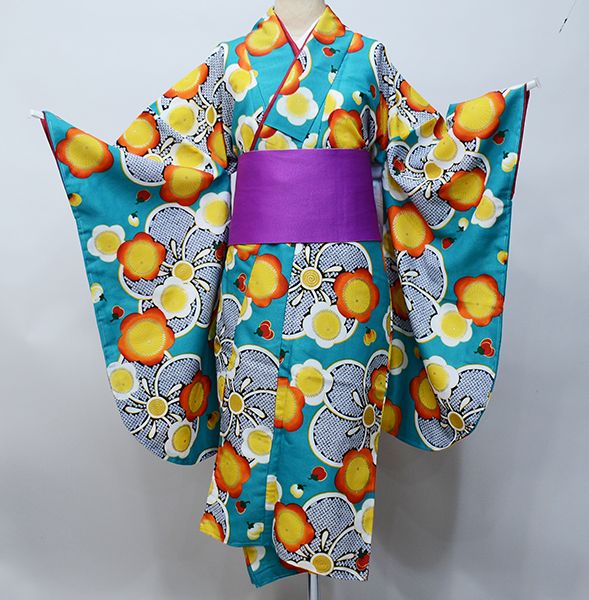二尺袖着物 単品 仕立て上がり 夢千代 着物丈は着付けし易いショート丈 合繊 卒業式 緑地 NO29010-4