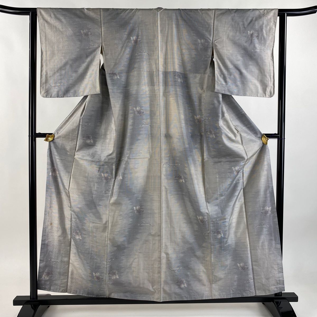 大島紬 身丈158.5cm 裄丈62.5cm S 袷 名匠たかし 草花 霞 青灰色 正絹