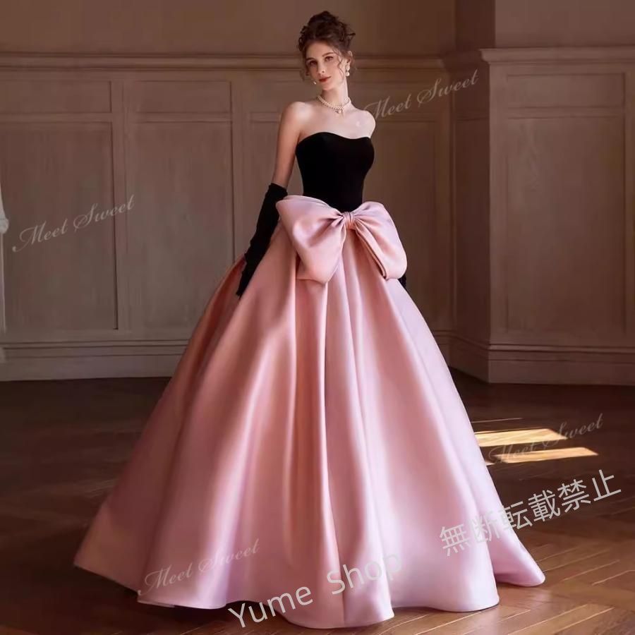 ドレス ブラック-ピンクの配色 大きい ウェディングドレス ウエディングドレスドレス パーティードレス 演奏会 発表会 結婚式 二次会 編み上げ nhdw145