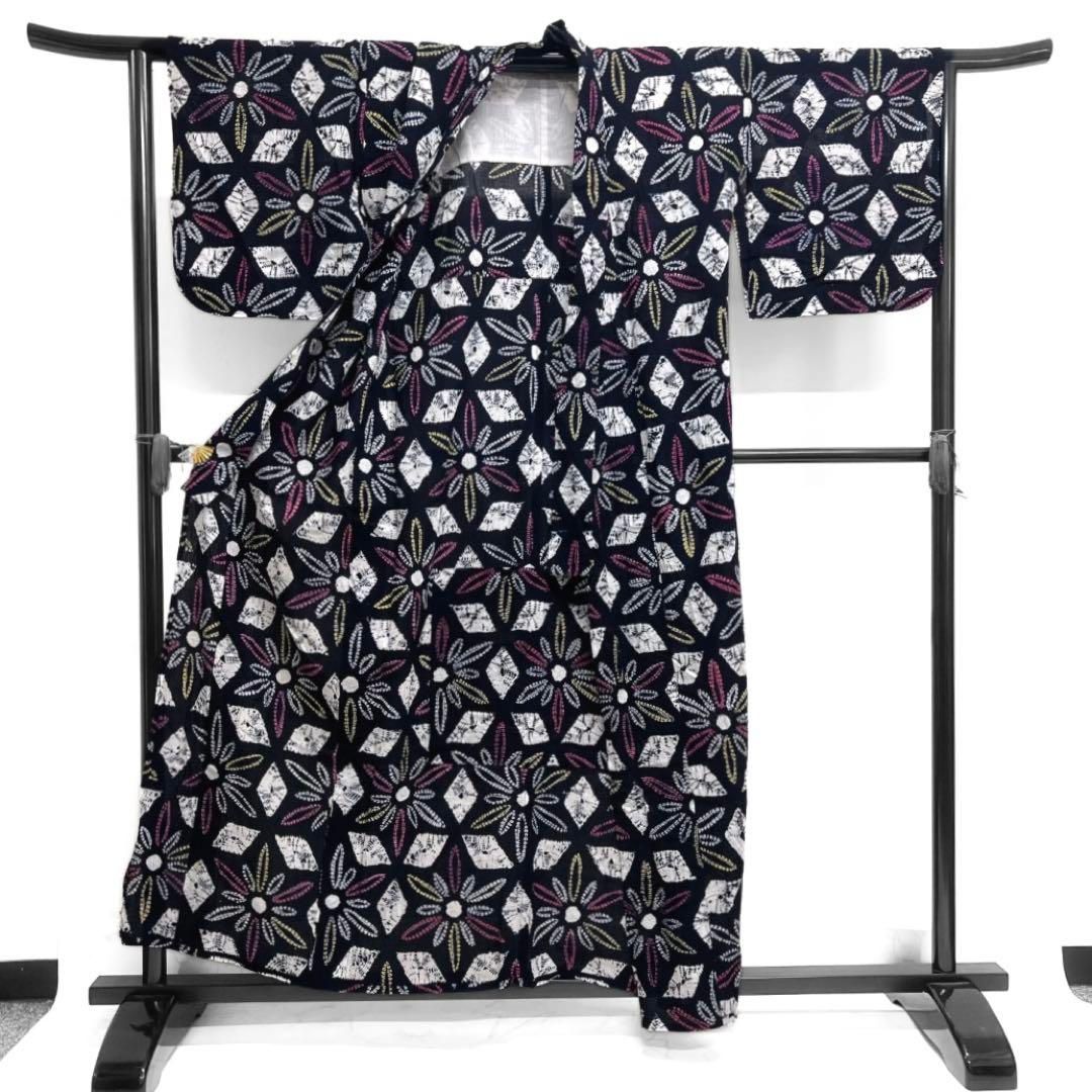 浴衣 有松鳴海絞り 花模様 菱 藍染 ネイビー 着物 063a d - メルカリ 