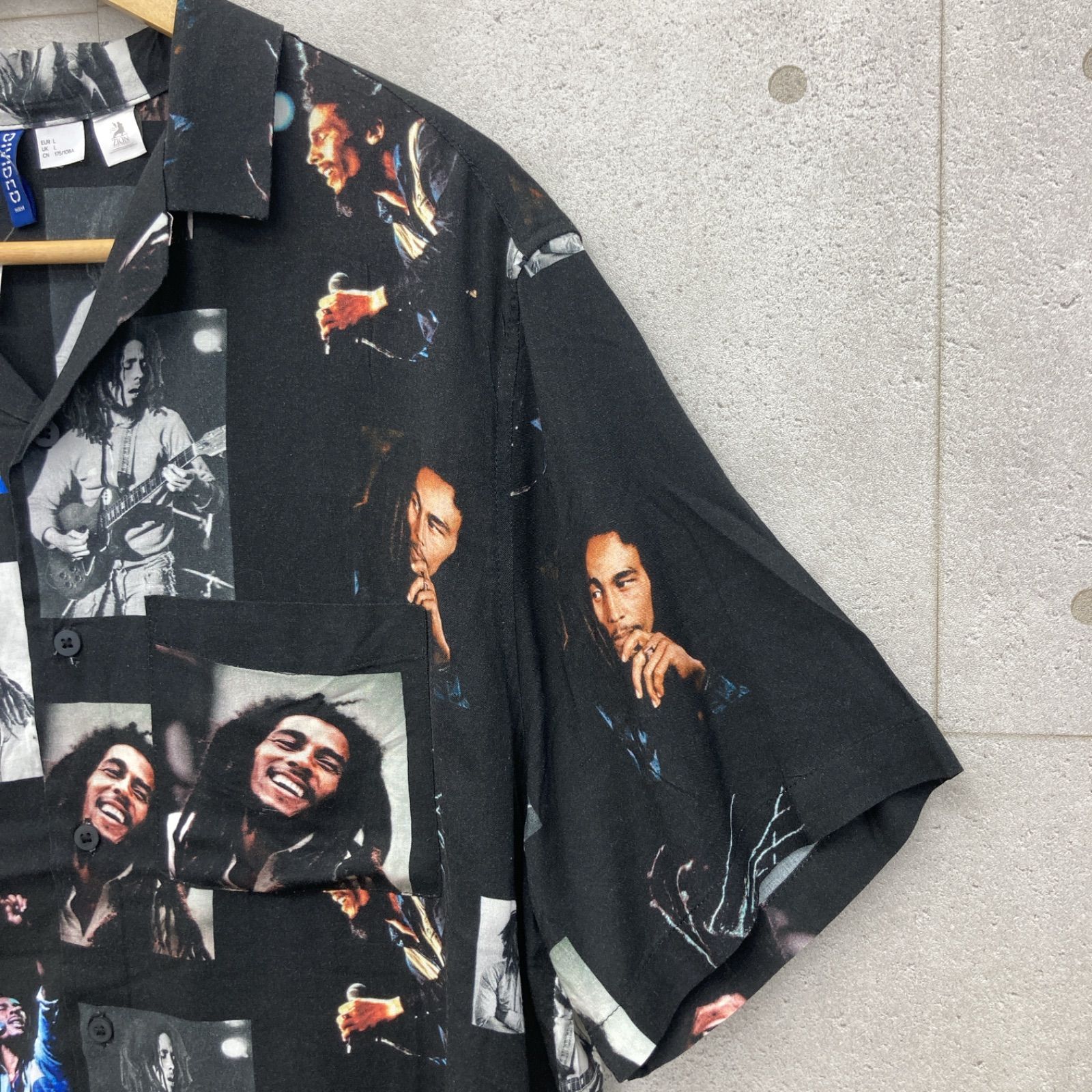 H&M ボブマーリー BOB MARLEY アロハシャツ半袖 ボタン シャツ トップス 総柄 開襟シャツ ブラック メンズ L レア G206-19  - メルカリ