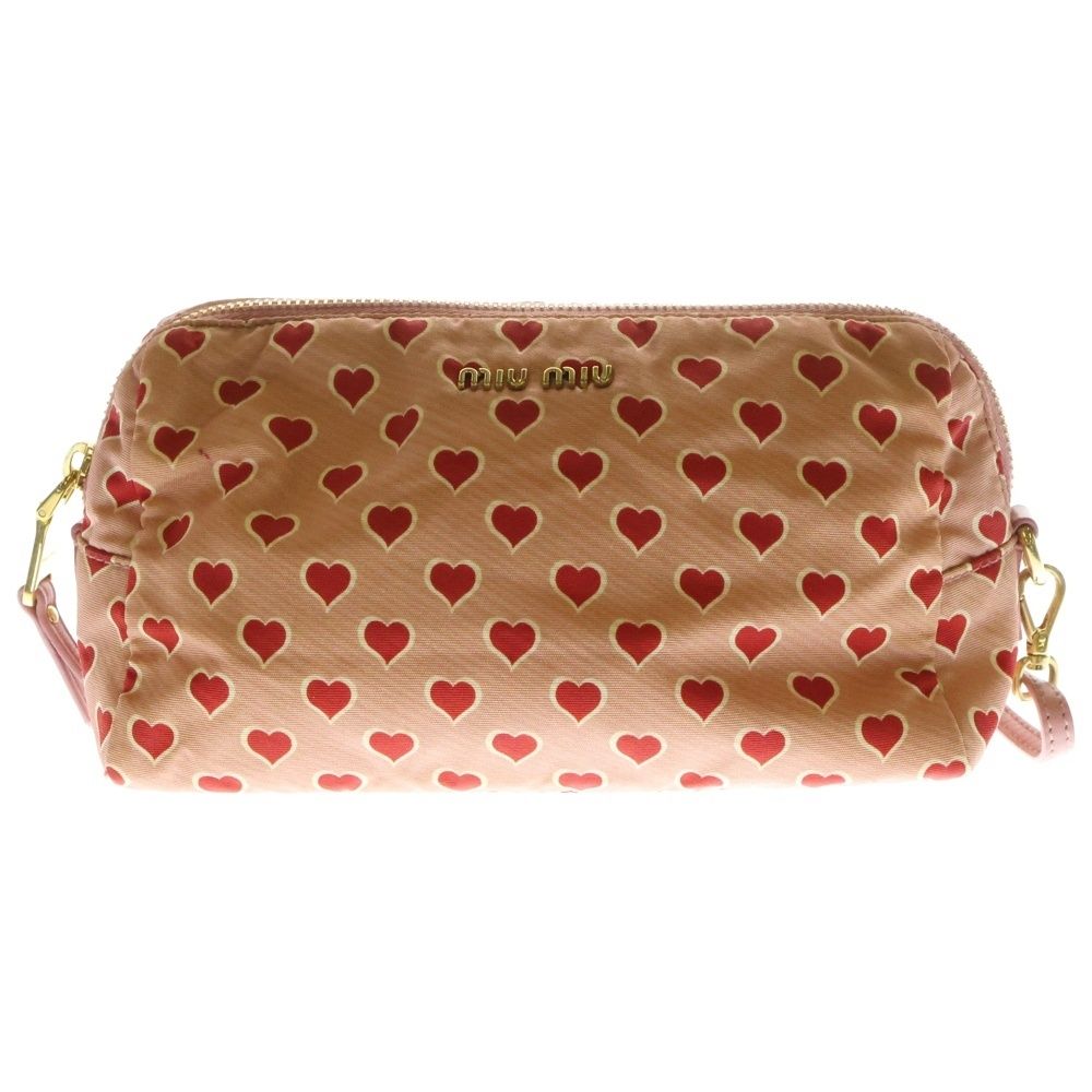miumiu ミュウミュウ ロゴプレート ハート総柄プリント ナイロン メイクポーチ ピンク 5NE457
