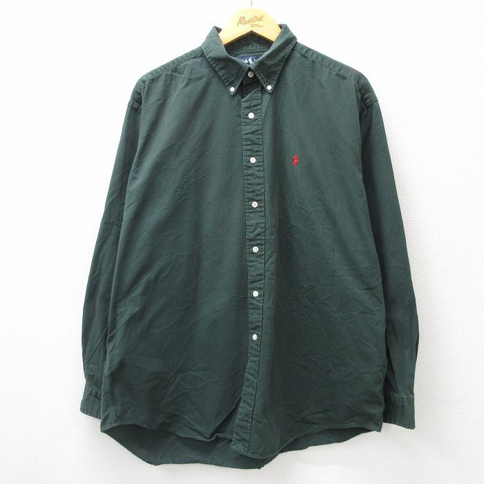 XL/古着 ラルフローレン 長袖 ブランド シャツ メンズ 90s ワンポイントロゴ BLAIRE 大きいサイズ コットン ボタンダウン 緑 グリーン 24oc