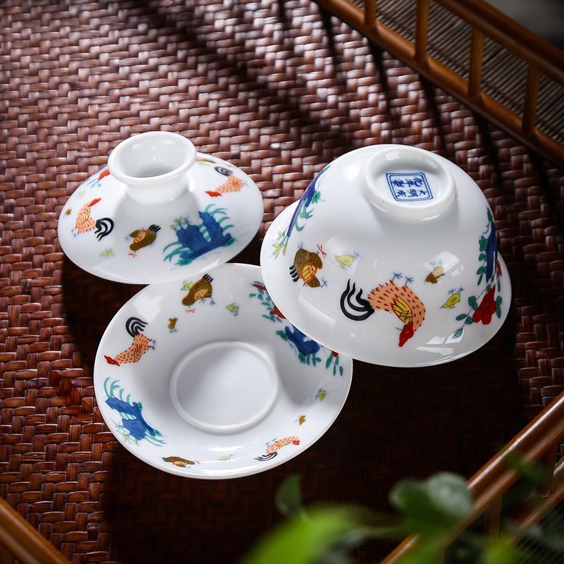 雄鶏三才 蓋碗茶 茶碗 茶杯 景徳鎮カンフー 茶器 急須 手作り