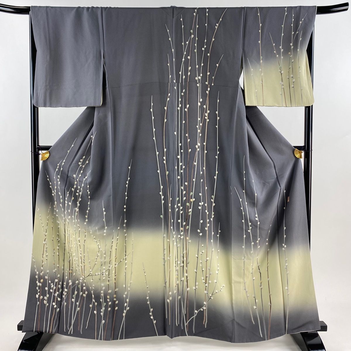 訪問着 身丈163cm 裄丈67cm M 袷 落款 枝花 染め分け ぼかし 灰紫 正絹 名品 【】