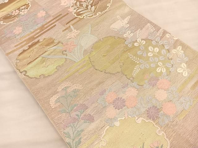 ⑥⑥⑤ 夏帯 雪輪　しば草 六通 袋帯 正絹 金糸 袋帯 秀品 雪輪 草花 箔 金糸 金色 六通 正絹 【中古】 - メルカリ