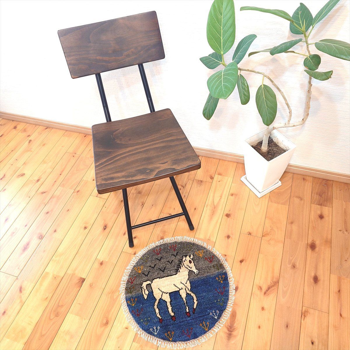 ペルシャ ギャッベ アマレバフト ミニマット 横40Φ40㎝ 円形 馬 青