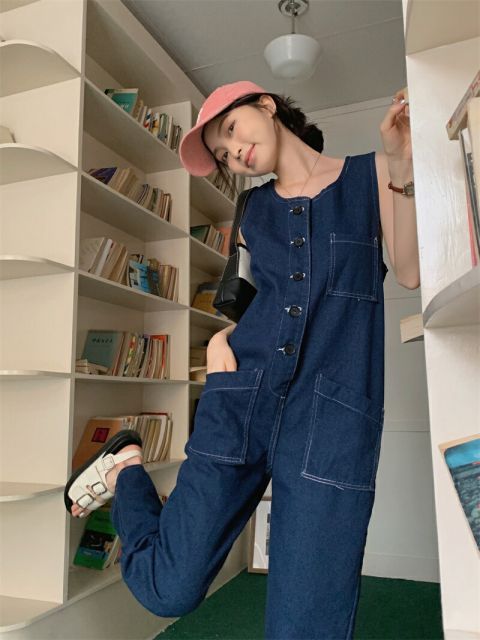 シンプル ロング丈 デニムパンツ オールインワン[K](T)