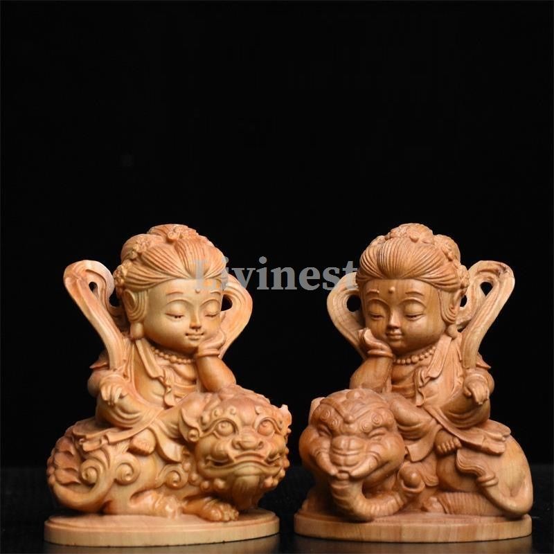仏像 上の木彫 普賢菩薩 2点セット 上質 供養品 仏教美術 崖柏精密細工 文殊菩薩像仏師で仕上げ品 美術品 彫刻