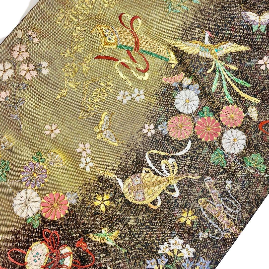 袋帯 西陣織 証紙付 花模様に鳳凰 楽器 金銀糸 金色 O-4238 袋帯 西陣織 証紙付 花模様に鳳凰 楽器 金銀糸 金色 O-4238
