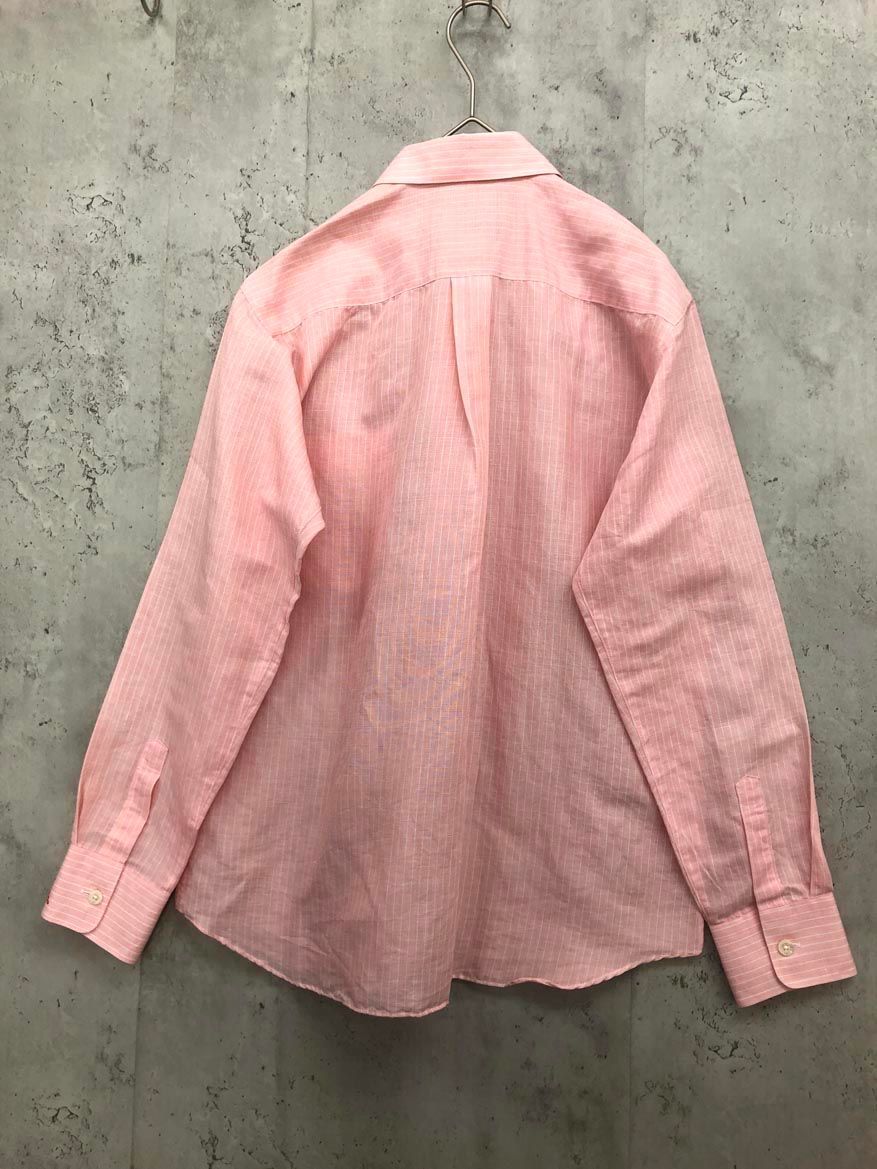 CELINE HOMME セリーヌオム リネン混 ストライプ 長袖 ロゴ刺繍 大丸 ドレス シャツ ピンク ◎メンズ