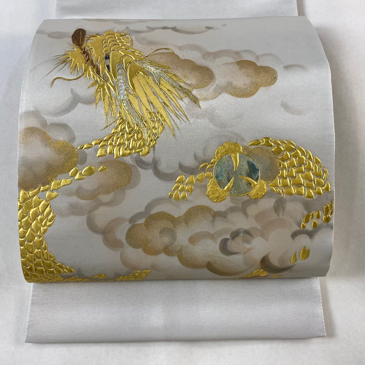袋帯 龍 雲文 螺鈿 金彩 灰色 お太鼓柄 正絹