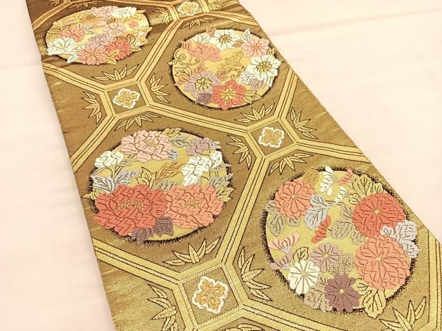 平和屋着物◎六通柄袋帯 唐織 正倉院花唐草文 黒地