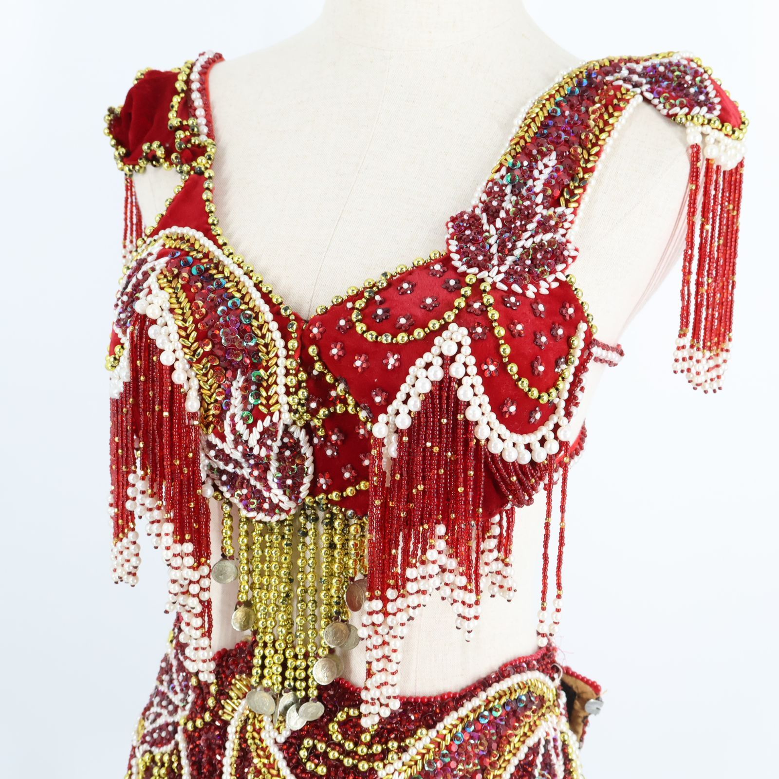 ベリーダンス用オリエンタル衣装】レッド スパンコールラメ ビーズ 花