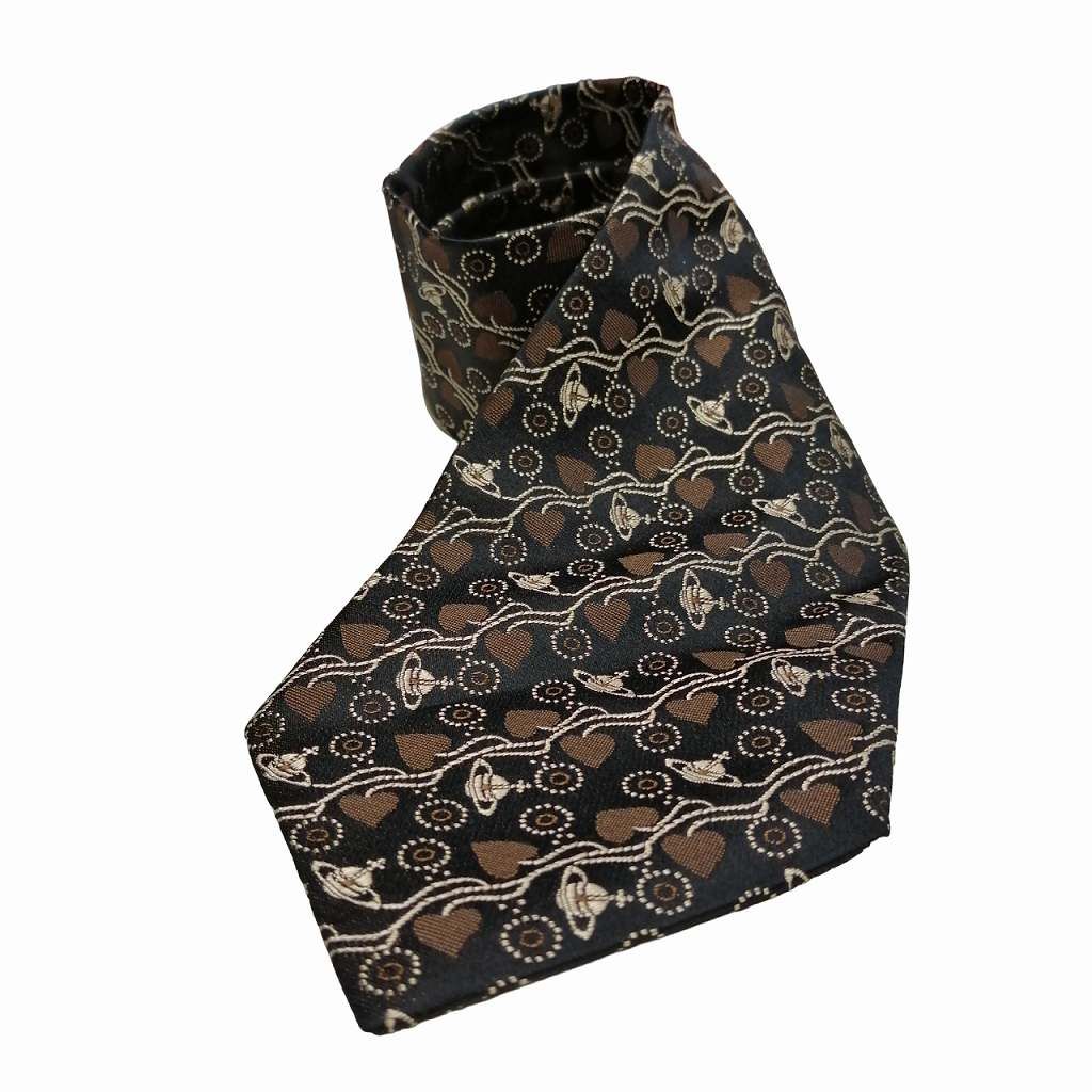 ヴィヴィアンウエストウッド Vivienne Westwood ネクタイ Y2K 総柄 オーブ ロゴ入り ブラウン ■GY14