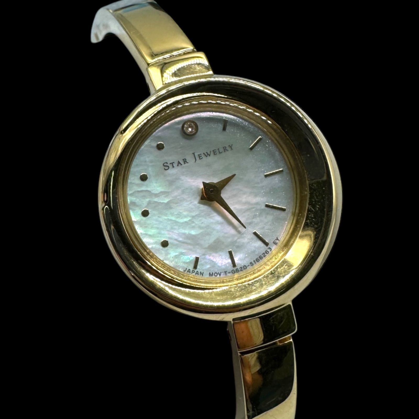 稼働 STAR JEWELRY スタージュエリー ECO 1Pダイヤモンド 0.004ct マザーオブパール クリスタルガラス ゴールド ソーラーパワー レディース腕時計 ムーン 三日月 ウォッチ