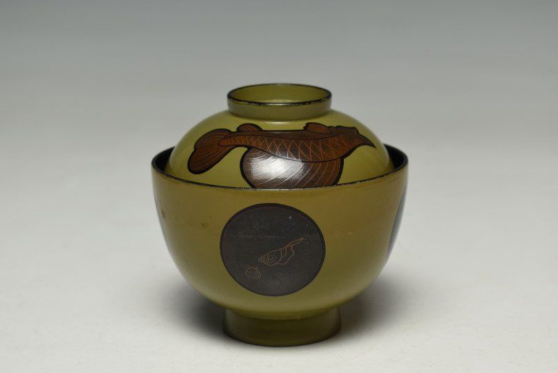 蔵A2500a】木製 青漆 魚文蒔絵 丸紋 小吸物椀 汁椀 十客 - メルカリ