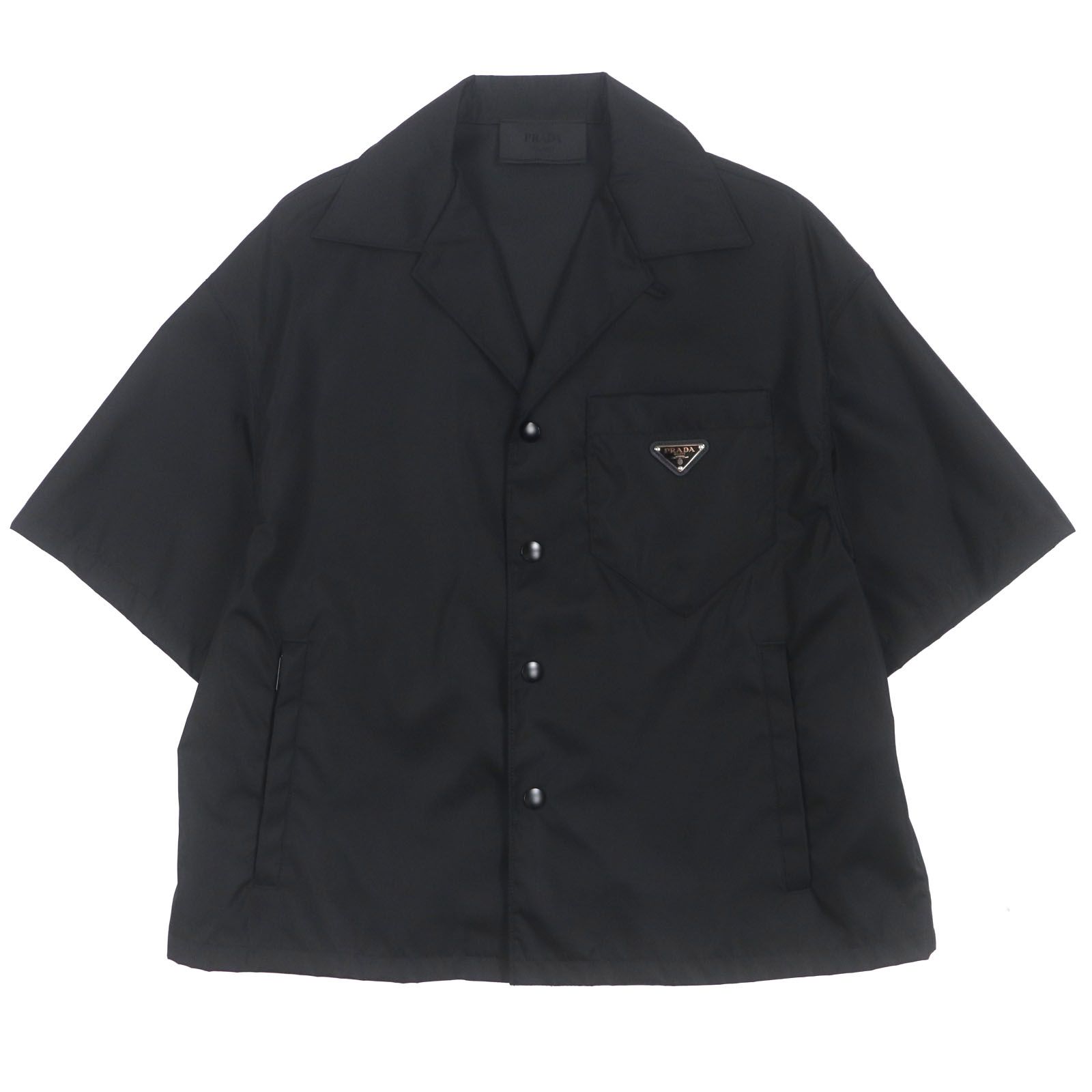 PRADA プラダ 2025年製 SC449 ナイロン Re-Nylon レザー使い トライアングルロゴ 三角プレート オープンカラー ショートスリーブ 半袖シャツ ブラック S ハンガー付き 正規品 メンズ